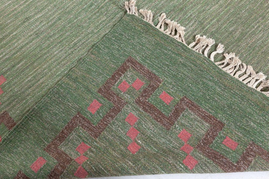 Mid-20th Century Swedish Green, Coral Red Handmade Wool Rug by Ellen Stahlbrand BB4943