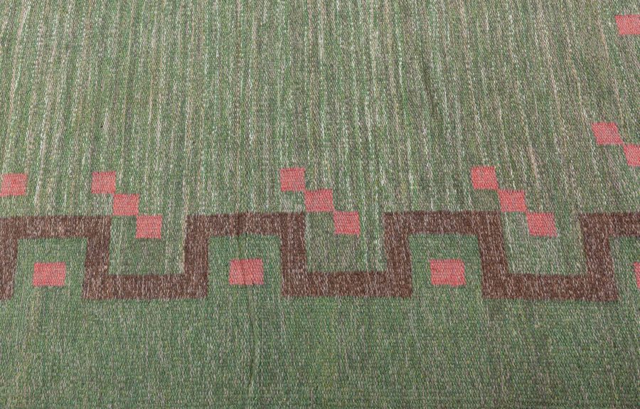 Mid-20th Century Swedish Green, Coral Red Handmade Wool Rug by Ellen Stahlbrand BB4943