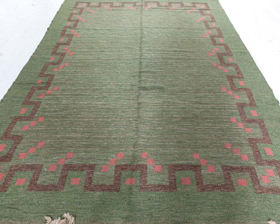 Mid-20th Century Swedish Green, Coral Red Handmade Wool Rug by Ellen Stahlbrand BB4943