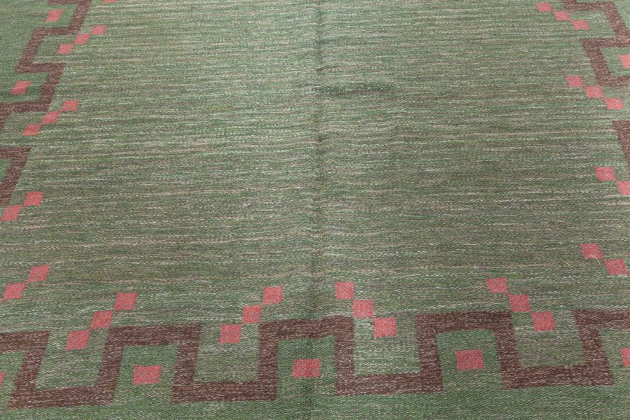 Mid-20th Century Swedish Green, Coral Red Handmade Wool Rug by Ellen Stahlbrand BB4943