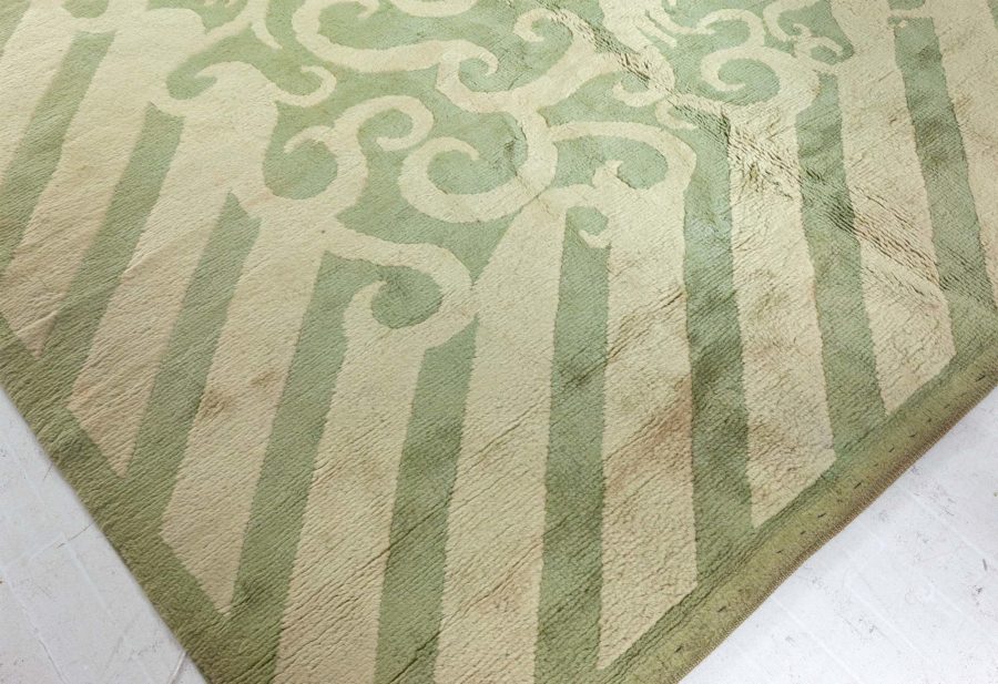Vintage French Art Deco Green Handmade Wool Rug BB4961