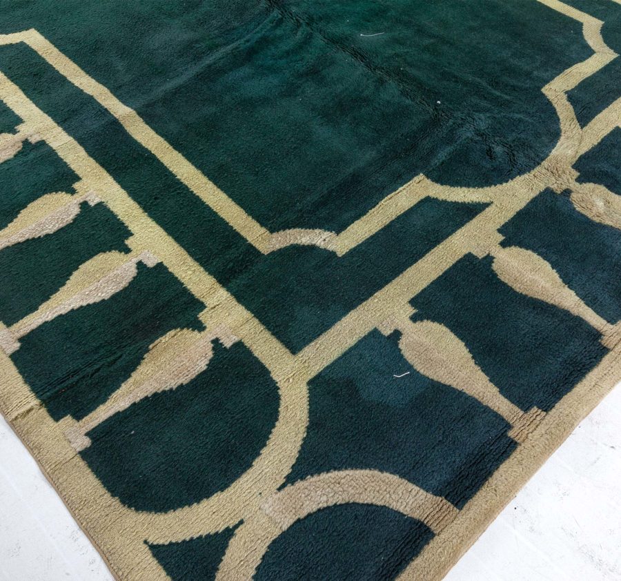 High-quality French Art Deco Green and Ivory Handmade Wool Rug BB5007