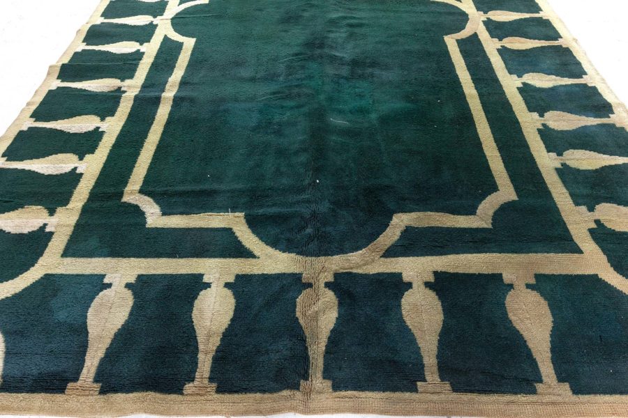 High-quality French Art Deco Green and Ivory Handmade Wool Rug BB5007