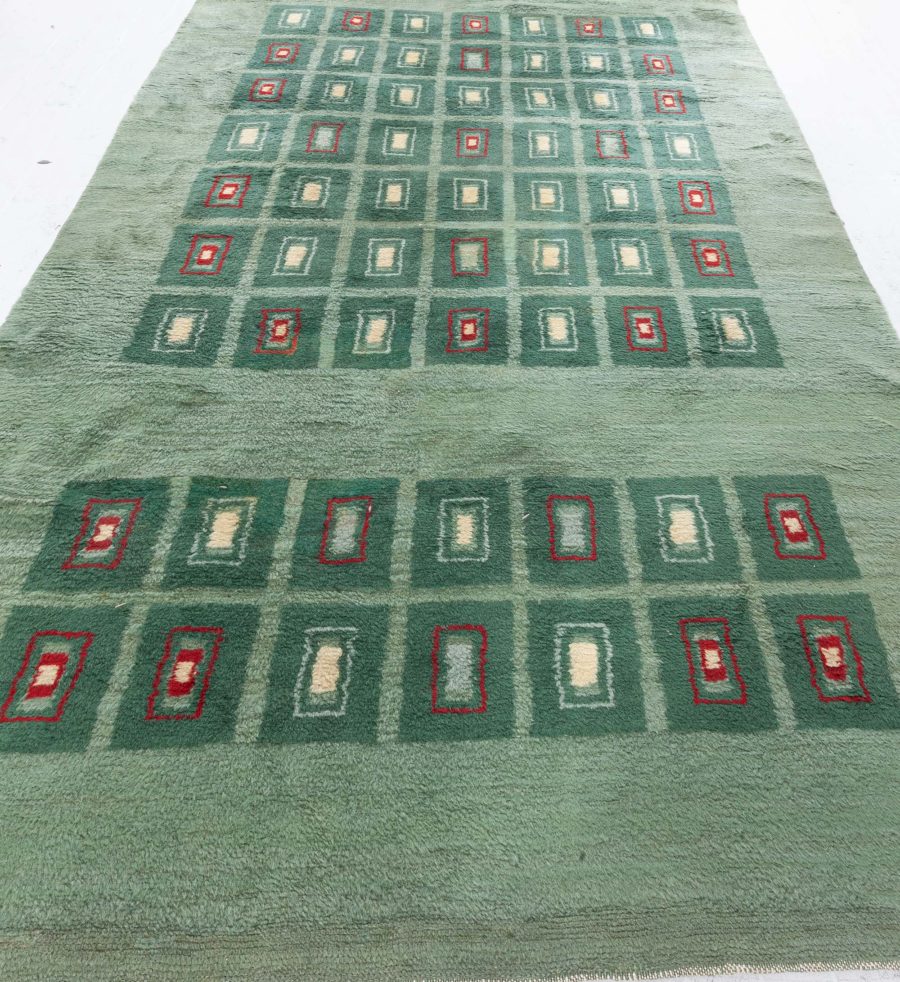 Early 20th Century French Art Deco Green Handmade Wool Rug BB5048