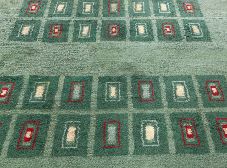 Early 20th Century French Art Deco Green Handmade Wool Rug BB5048