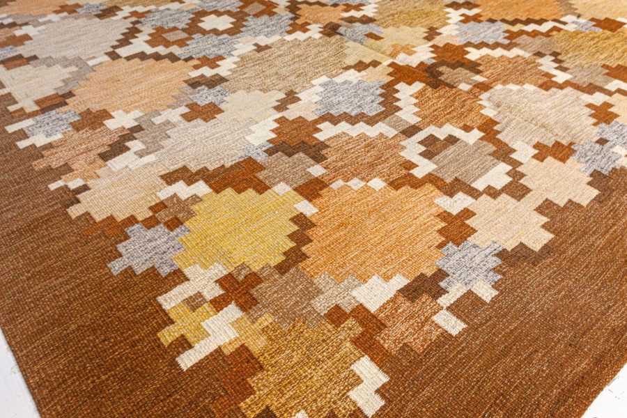 Mid-20th century Swedish Brown Gray Yellow Ivory Flat-Weave Rug by Ingrid Silow BB5074