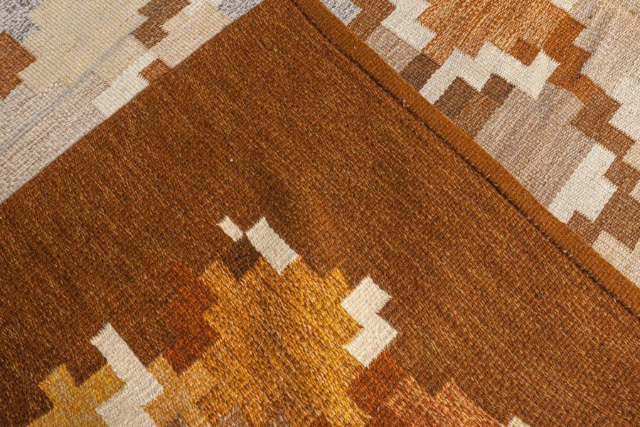 Mid-20th century Swedish Brown Gray Yellow Ivory Flat-Weave Rug by Ingrid Silow BB5074