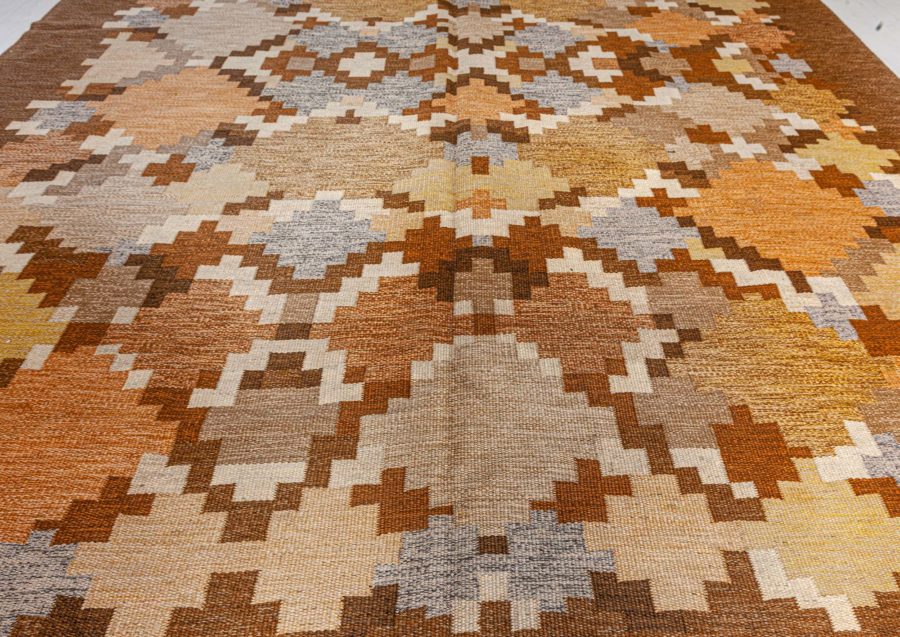 Mid-20th century Swedish Brown Gray Yellow Ivory Flat-Weave Rug by Ingrid Silow BB5074