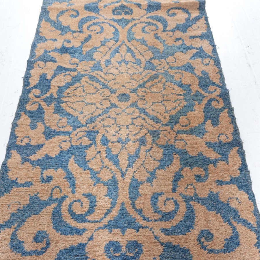 Mid-20th Century Floral Blue and Yellow Chinese Handmade Wool Rug BB5238