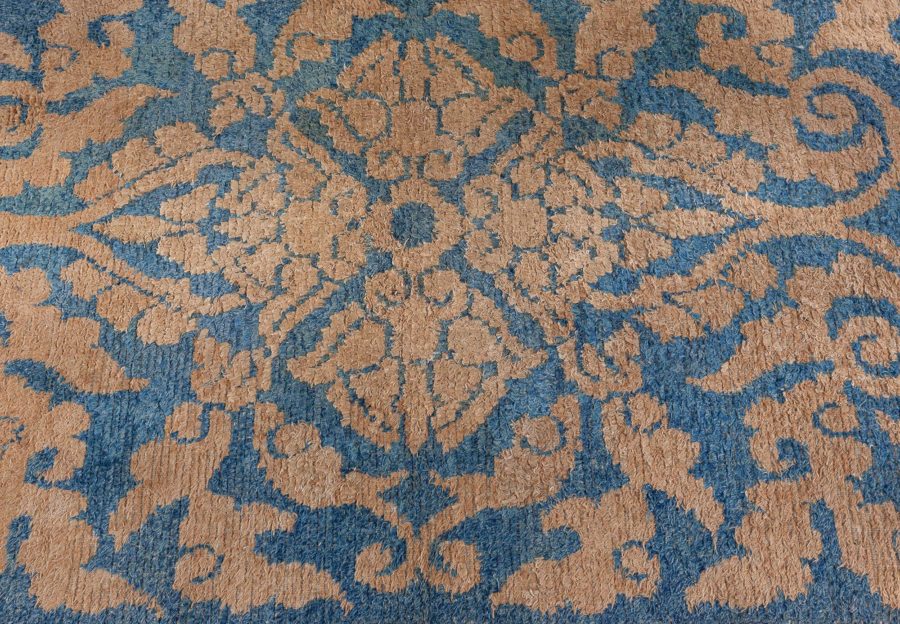 Mid-20th Century Floral Blue and Yellow Chinese Handmade Wool Rug BB5238