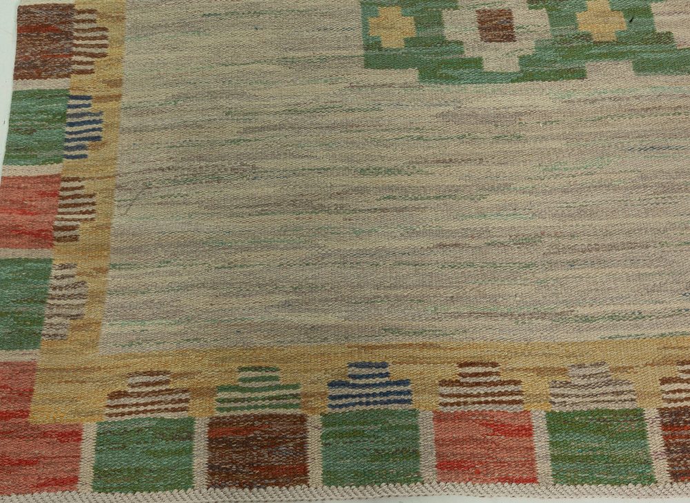 Midcentury Swedish Geometric Light Blue Flat-Woven Wool Rug BB5277