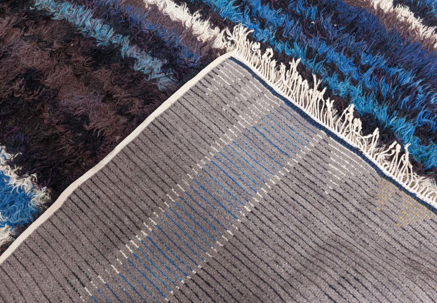 Mid-20th Century Ingrid Dessau Swedish Striped Black, Blue, Ivory Handmade Rug BB5291