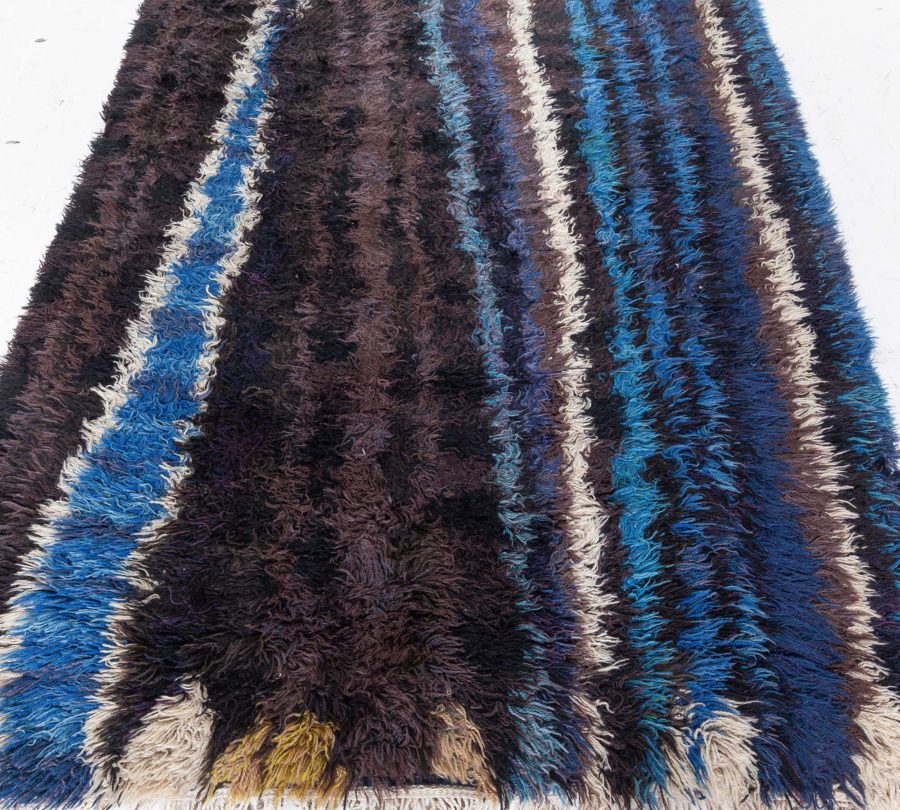 Mid-20th Century Ingrid Dessau Swedish Striped Black, Blue, Ivory Handmade Rug BB5291