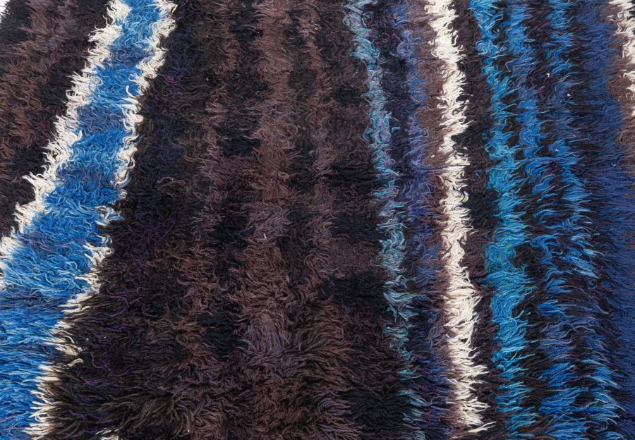 Mid-20th Century Ingrid Dessau Swedish Striped Black, Blue, Ivory Handmade Rug BB5291