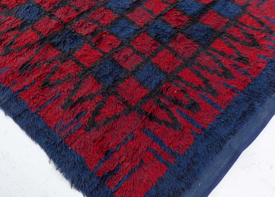 Mid-20th century Swedish Blue and Red Pile Rya Rug Signed “KH GR” BB5378