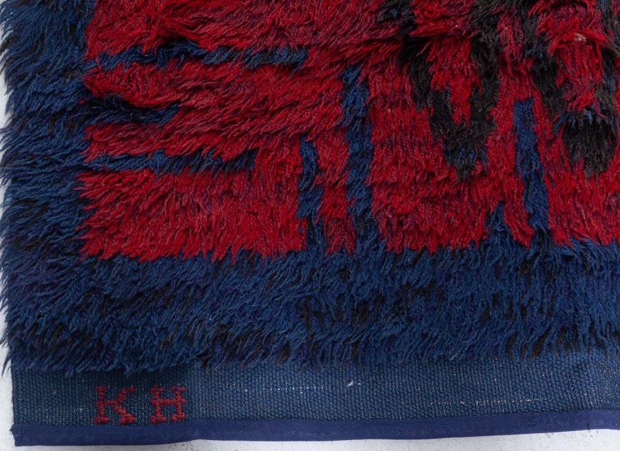 Mid-20th century Swedish Blue and Red Pile Rya Rug Signed “KH GR” BB5378