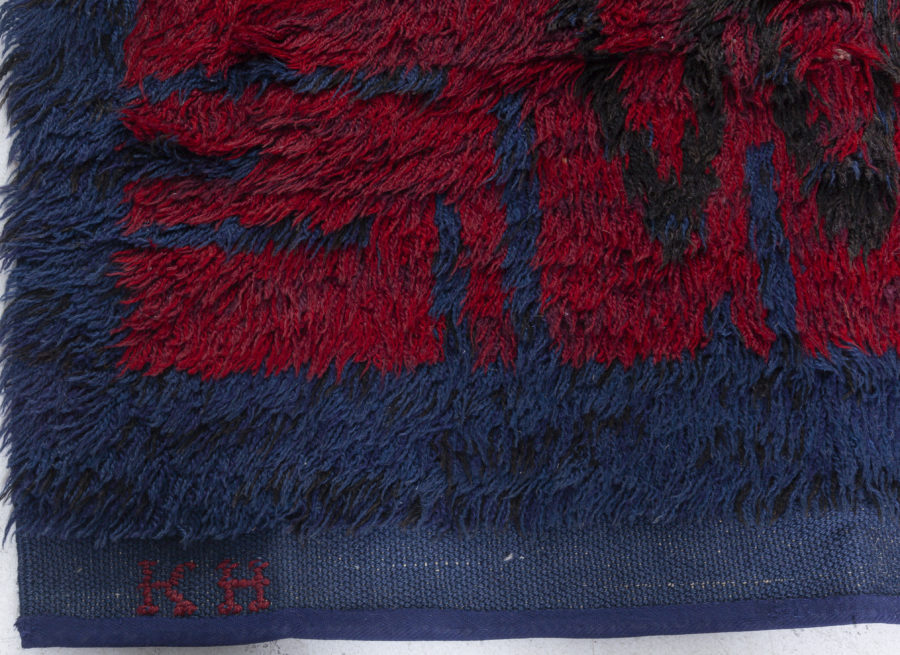 Mid-20th century Swedish Blue and Red Pile Rya Rug Signed “KH GR” BB5378