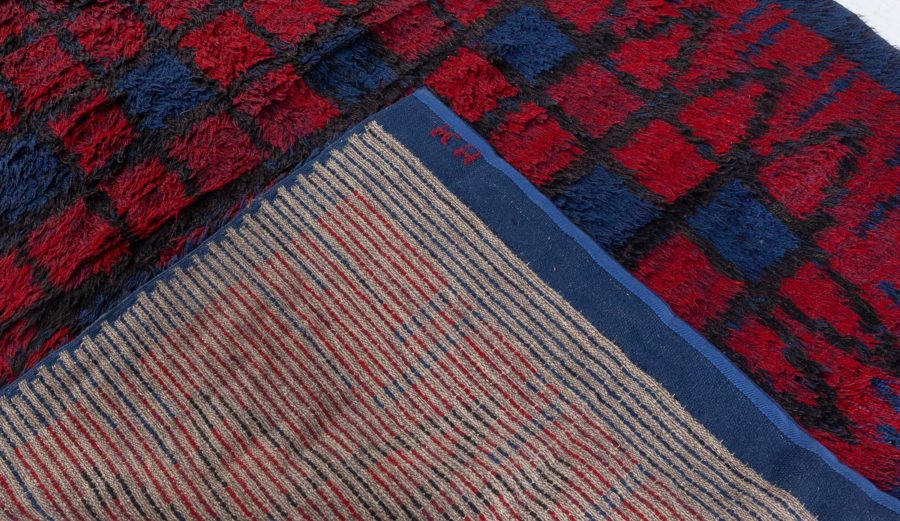 Mid-20th century Swedish Blue and Red Pile Rya Rug Signed “KH GR” BB5378