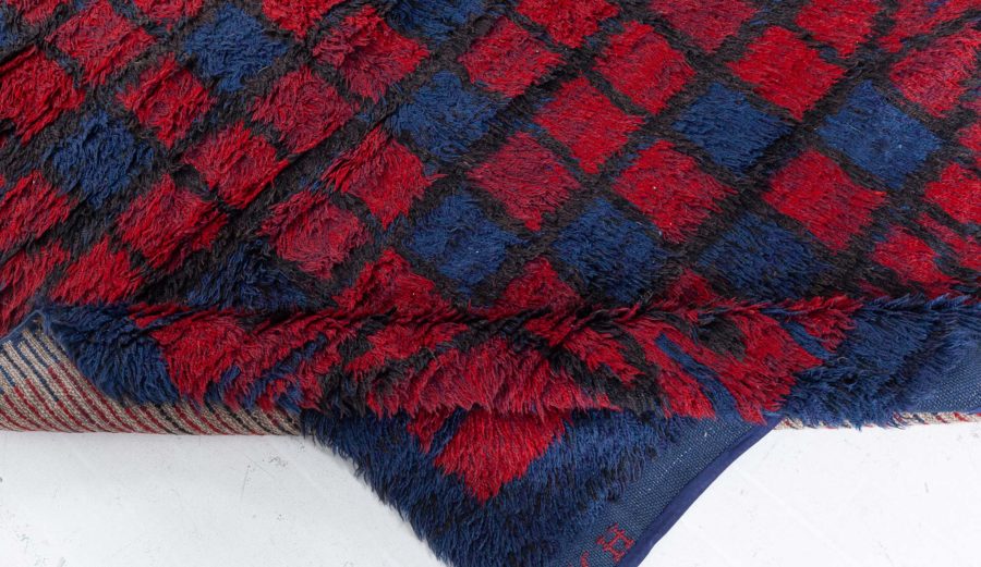 Mid-20th century Swedish Blue and Red Pile Rya Rug Signed “KH GR” BB5378