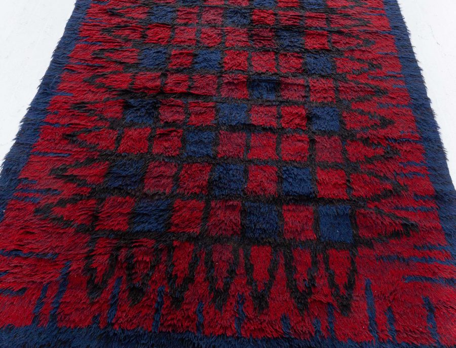Mid-20th century Swedish Blue and Red Pile Rya Rug Signed “KH GR” BB5378