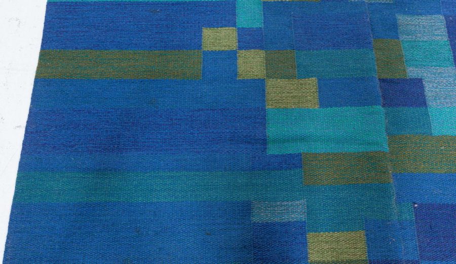 Mid-20th Century Swedish Geometric Green, Blue Flat-Weave Wool Rug Signed AB BB5383