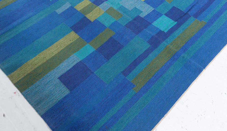 Mid-20th Century Swedish Geometric Green, Blue Flat-Weave Wool Rug Signed AB BB5383