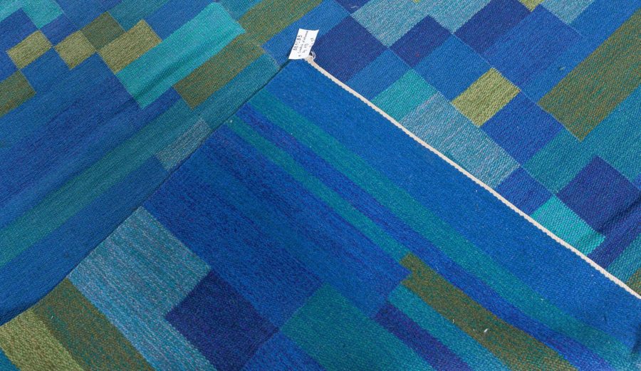 Mid-20th Century Swedish Geometric Green, Blue Flat-Weave Wool Rug Signed AB BB5383