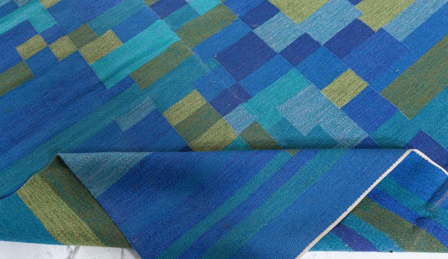 Mid-20th Century Swedish Geometric Green, Blue Flat-Weave Wool Rug Signed AB BB5383