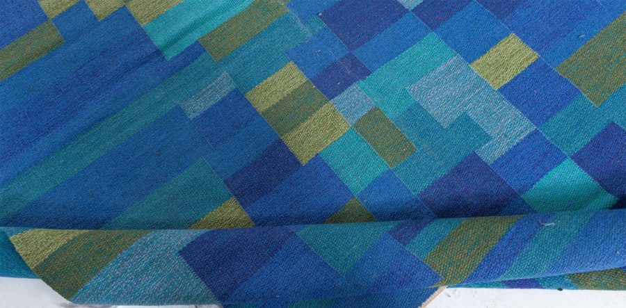 Mid-20th Century Swedish Geometric Green, Blue Flat-Weave Wool Rug Signed AB BB5383