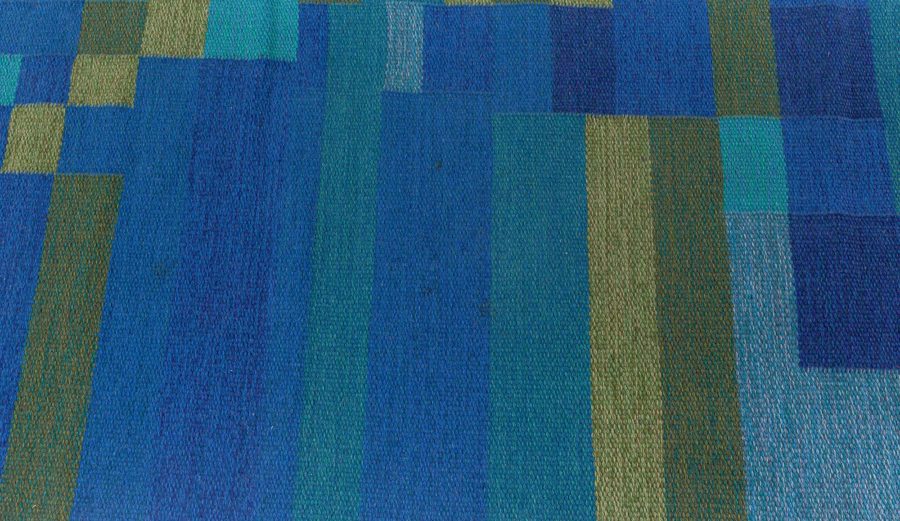 Mid-20th Century Swedish Geometric Green, Blue Flat-Weave Wool Rug Signed AB BB5383