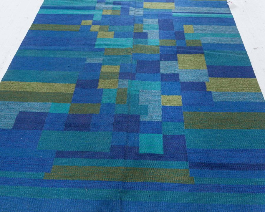 Mid-20th Century Swedish Geometric Green, Blue Flat-Weave Wool Rug Signed AB BB5383