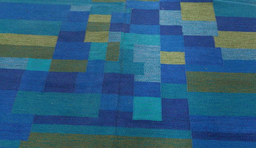 Mid-20th Century Swedish Geometric Green, Blue Flat-Weave Wool Rug Signed AB BB5383