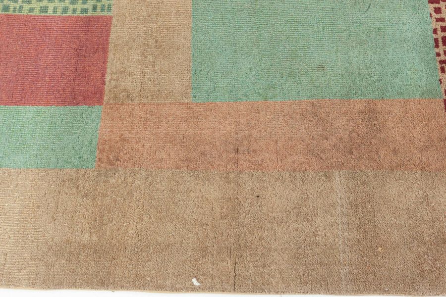 Early 20th Century Art Deco Beige, Green, Pink and Maroon Handmade Wool Rug BB5413