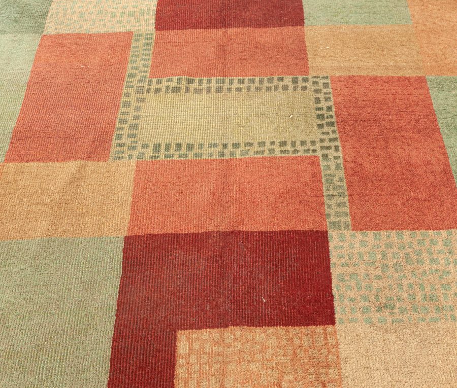 Early 20th Century Art Deco Beige, Green, Pink and Maroon Handmade Wool Rug BB5413