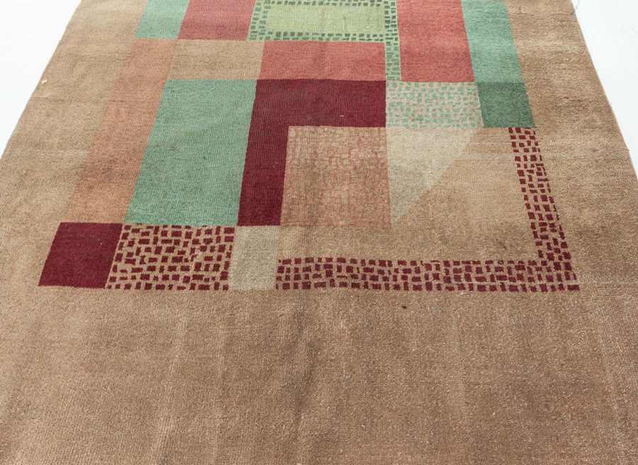 Early 20th Century Art Deco Beige, Green, Pink and Maroon Handmade Wool Rug BB5413