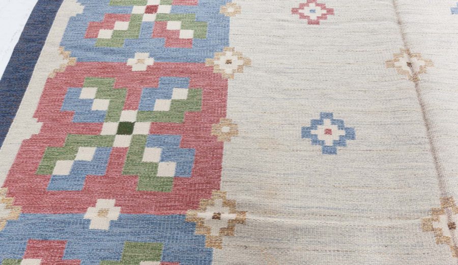 Vintage Geometric Beige, Green, Blue, Red Swedish Wool Rug by Erik Lundberg BB5453