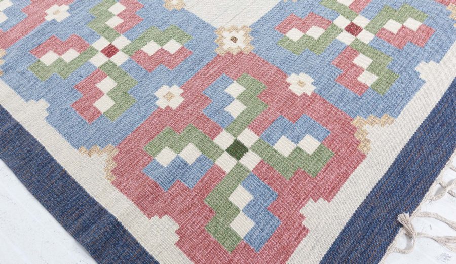 Vintage Geometric Beige, Green, Blue, Red Swedish Wool Rug by Erik Lundberg BB5453