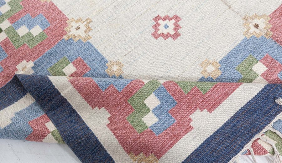 Vintage Geometric Beige, Green, Blue, Red Swedish Wool Rug by Erik Lundberg BB5453