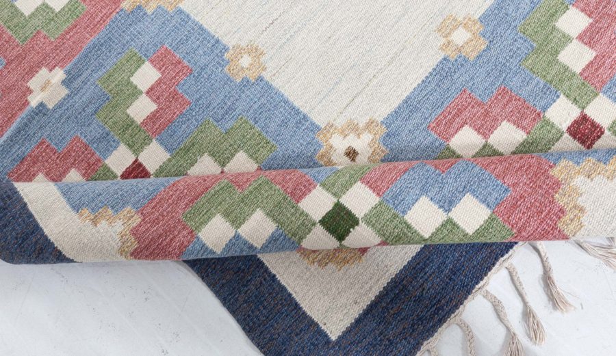 Vintage Geometric Beige, Green, Blue, Red Swedish Wool Rug by Erik Lundberg BB5453