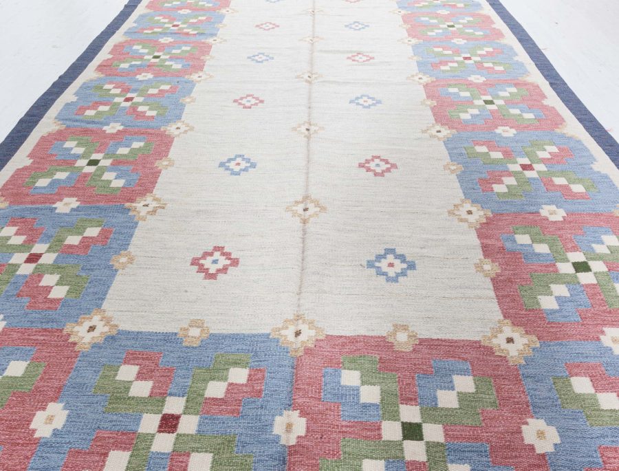 Vintage Geometric Beige, Green, Blue, Red Swedish Wool Rug by Erik Lundberg BB5453