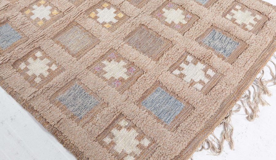 Swedish Handmade Wool Pile Rug in Dark Beige, Blue and Yellow BB5456