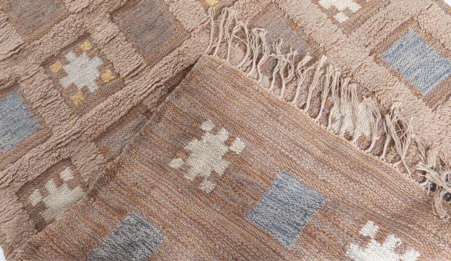 Swedish Handmade Wool Pile Rug in Dark Beige, Blue and Yellow BB5456