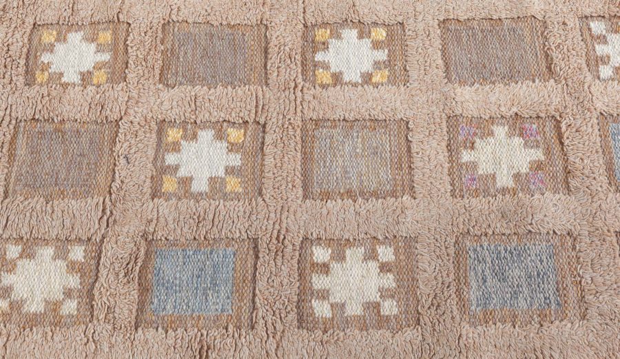 Swedish Handmade Wool Pile Rug in Dark Beige, Blue and Yellow BB5456