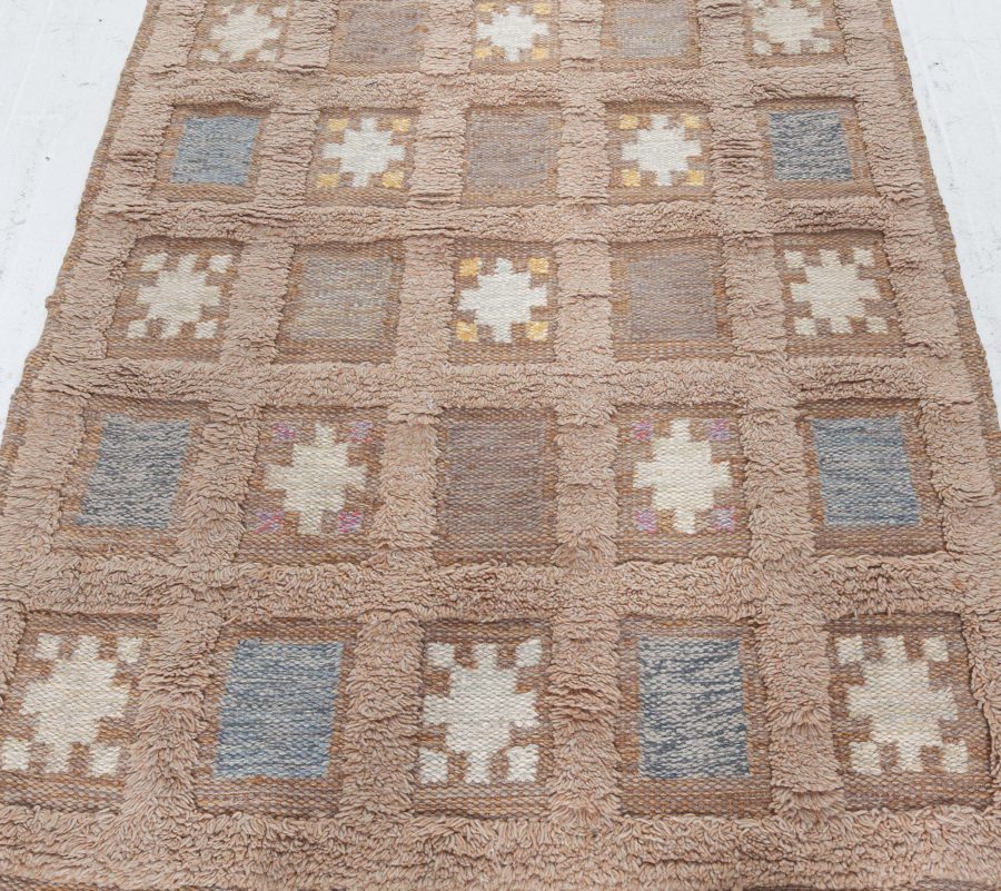 Swedish Handmade Wool Pile Rug in Dark Beige, Blue and Yellow BB5456