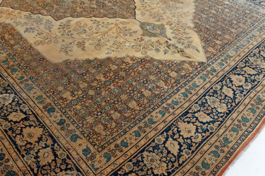 19th Century Persian Tabriz Green, Beige and Black Hand Knotted Wool Rug BB5465