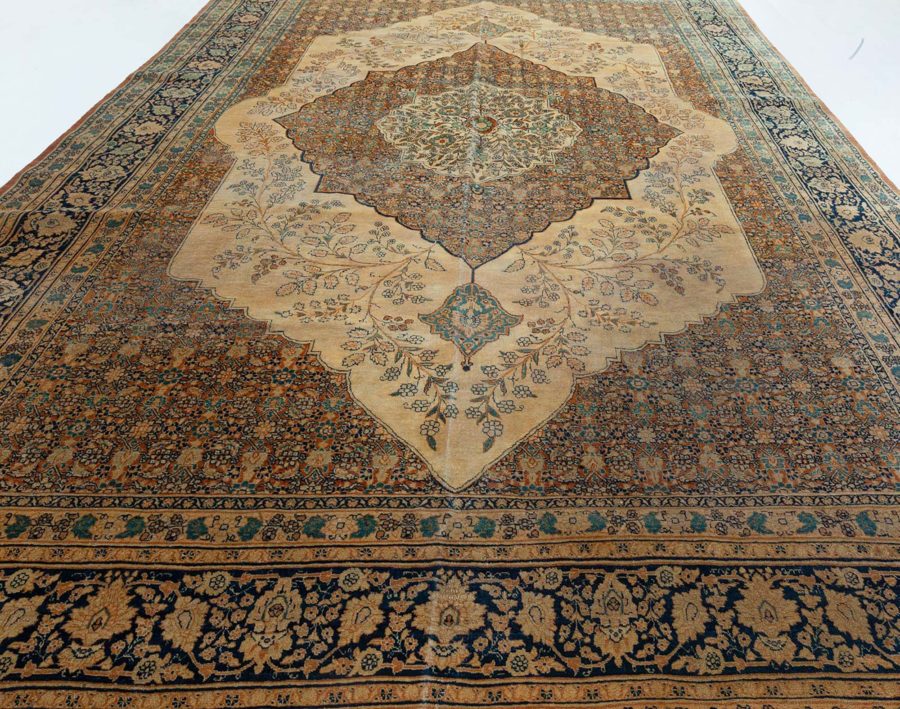 19th Century Persian Tabriz Green, Beige and Black Hand Knotted Wool Rug BB5465