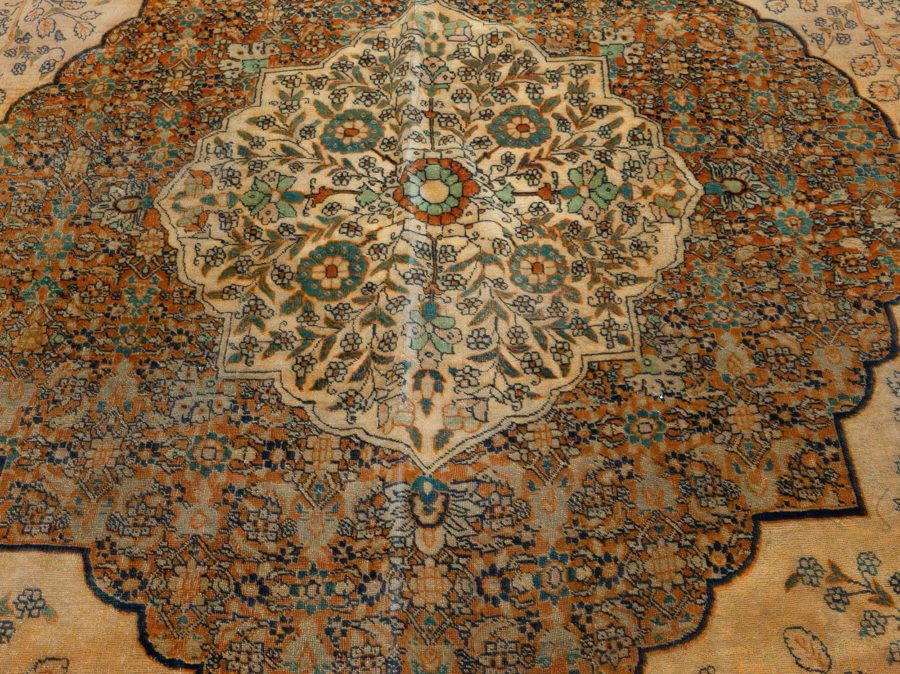 19th Century Persian Tabriz Green, Beige and Black Hand Knotted Wool Rug BB5465