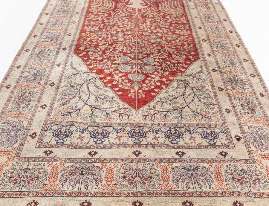 Early 20th Century Turkish Ruby Red, Beige, Gray and Black Handmade Silk Rug BB5477
