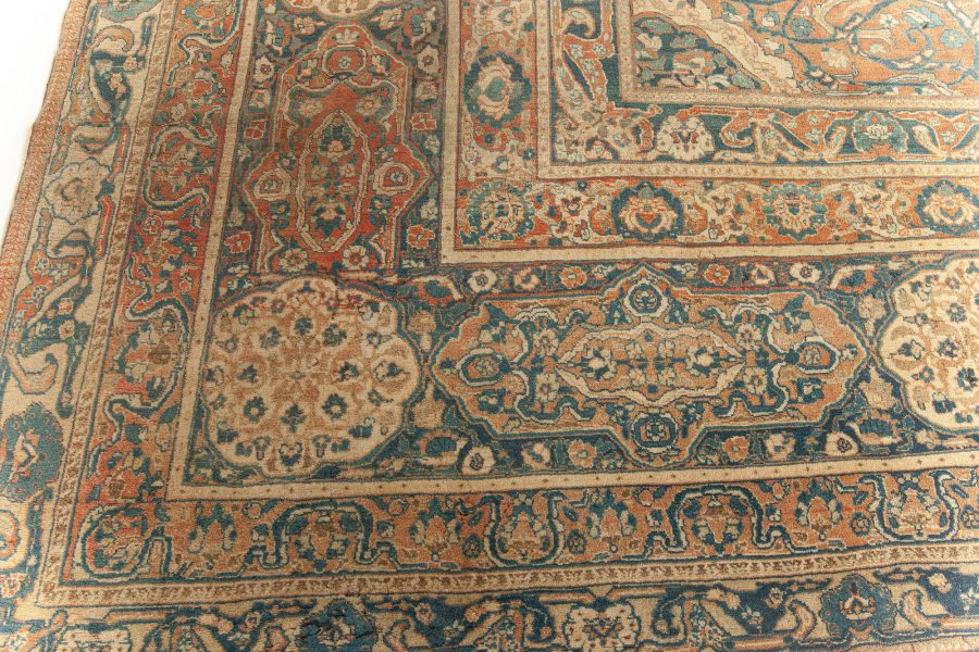 Large 19th Century Persian Tabriz Ivory, Blue, Gold and Green Handmade Wool Rug BB5576