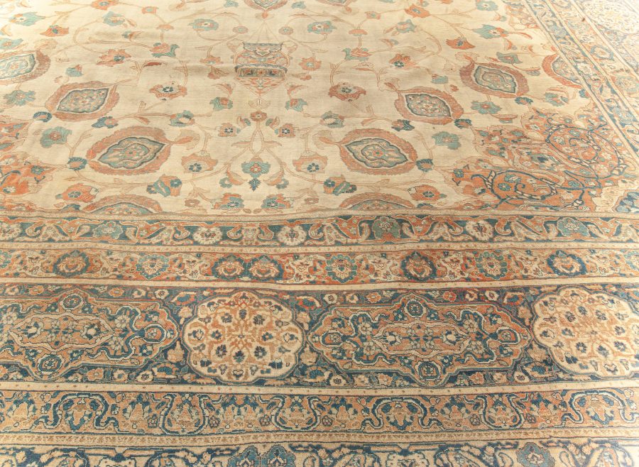 Large 19th Century Persian Tabriz Ivory, Blue, Gold and Green Handmade Wool Rug BB5576